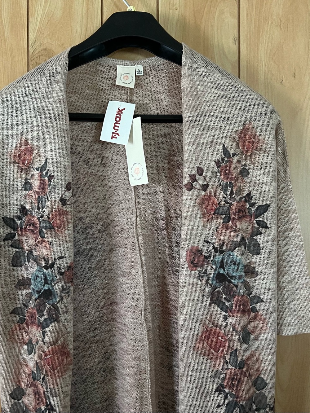 Live In The Moment Floral Knit Cardigan L NWT TJ Maxx Boho Open Front Pink Gray - Picture 2 of 8